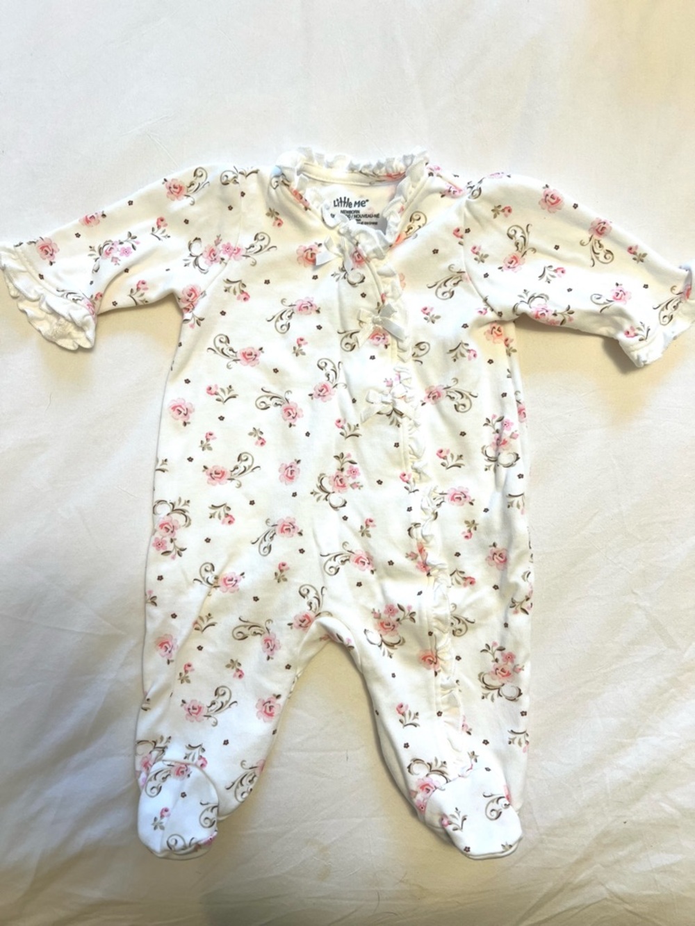 Little Me White & Pink Rose Print Footed One-Piece